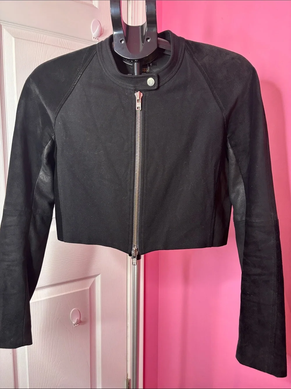 Theory Black Cropped Moto Jacket Mixed Media Zip Front Women’s Size 12
